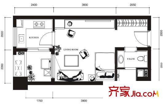 龍湖北城天街戶型圖SOHO一期8棟標(biāo)準(zhǔn)層C1戶型 1室1廳1衛(wèi)1廚