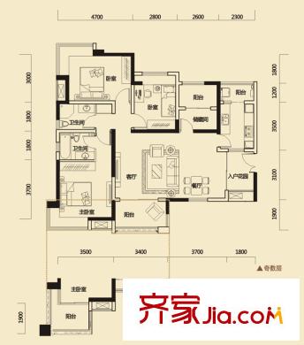 金牛萬達廣場戶型圖E1戶型圖 3室2廳2衛(wèi)1廚
