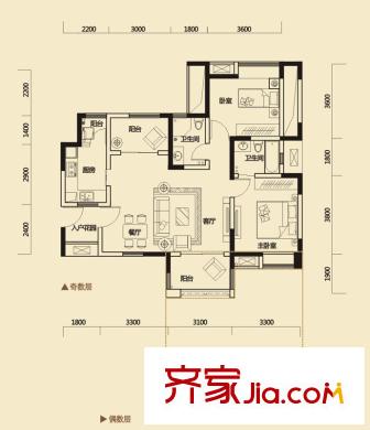 金牛萬達廣場戶型圖D1戶型圖 2室2廳2衛(wèi)1廚