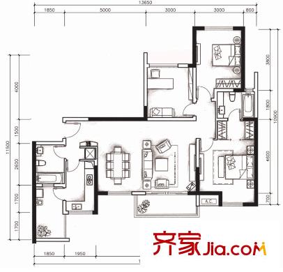 優(yōu)品道戶型圖四期1、2棟3-30層A2戶型 3室2廳2衛(wèi)1廚