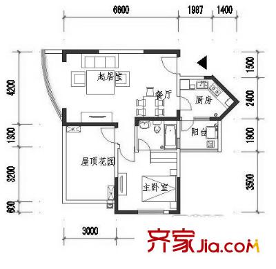 紅楓嶺二期戶型圖C3縮層戶型圖 1室2廳1衛(wèi)1廚