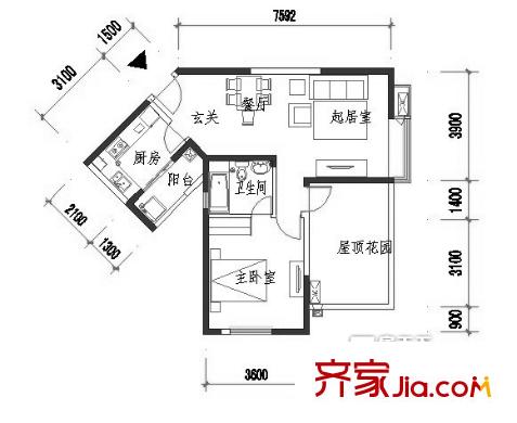 紅楓嶺二期戶型圖C5縮層戶型圖 1室2廳2衛(wèi)1廚
