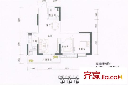 國(guó)棟南園五星城5棟標(biāo)準(zhǔn)層1-B2戶型 2室2廳1衛(wèi)1廚