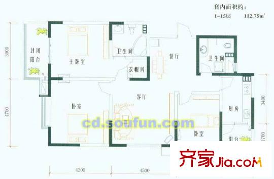 國(guó)棟南園五星城一期1號(hào)樓標(biāo)準(zhǔn)層A5戶型 3室2廳2衛(wèi)1廚
