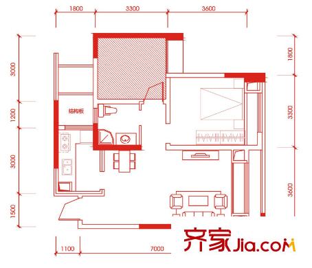 金科一城戶型圖1號(hào)樓M4戶型 2室2廳1衛(wèi)1廚