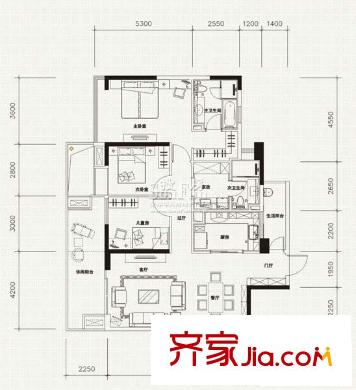 萬科金域西嶺戶型圖B1型 3室2廳2衛(wèi)1廚