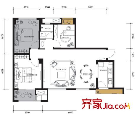 龍湖北城天街戶型圖一期2號(hào)樓標(biāo)準(zhǔn)層B1戶型 2室2廳1衛(wèi)1廚