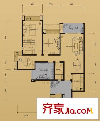 龍湖北城天街戶型圖一期1號(hào)樓標(biāo)準(zhǔn)層A1戶型 3室2廳2衛(wèi)1廚