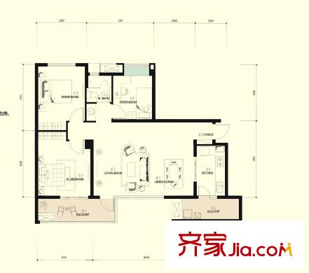 龍湖北城天街戶型圖二期21號(hào)樓標(biāo)準(zhǔn)層D2戶型 3室2廳1衛(wèi)1廚