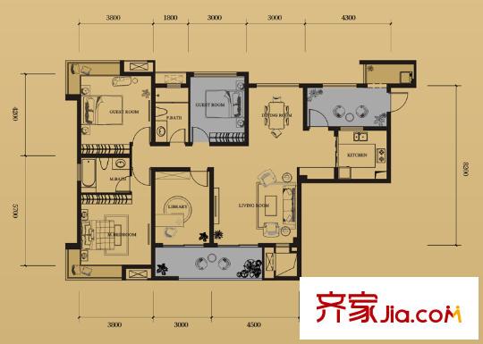 龍湖北城天街戶型圖一期1號(hào)樓標(biāo)準(zhǔn)層A2戶型 3室2廳2衛(wèi)1廚