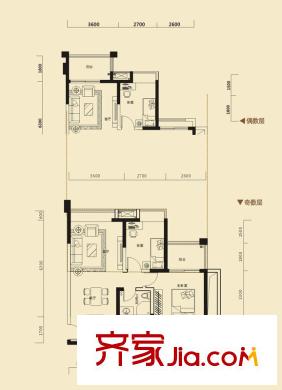 金牛萬達廣場戶型圖B5戶型圖 2室2廳1衛(wèi)1廚