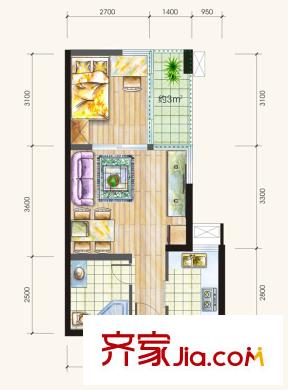 錦城華府一期1號樓標(biāo)準(zhǔn)層A2戶型 1室1廳1衛(wèi)1廚
