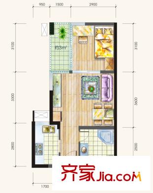 錦城華府一期1號樓標(biāo)準(zhǔn)層A1戶型 1室1廳1衛(wèi)1廚