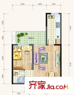 錦城華府一期1號樓標(biāo)準(zhǔn)層B5戶型 1室1廳1衛(wèi)1廚