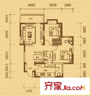 天際首府一期5號(hào)樓標(biāo)準(zhǔn)層B戶型（售罄） 2室2廳1衛(wèi)1廚