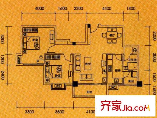 天際首府一期3號(hào)樓標(biāo)準(zhǔn)層H戶型 2室2廳1衛(wèi)1廚