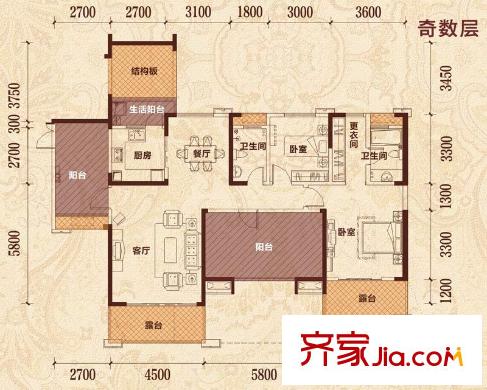 保利星座15號樓標準層1-02/03戶型（售罄） 2室2廳2衛(wèi)1廚