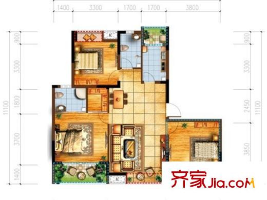宗申賽納維賽納峰匯一期3號樓標準層E3戶型 3室2廳2衛(wèi)1廚