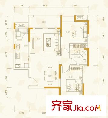 陽城心靈家園一期1號樓標(biāo)準(zhǔn)層E-3戶型（售罄） 2室2廳1衛(wèi)1廚