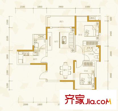 陽城心靈家園一期1號樓標(biāo)準(zhǔn)層E1-3戶型（售罄） 2室2廳1衛(wèi)1廚