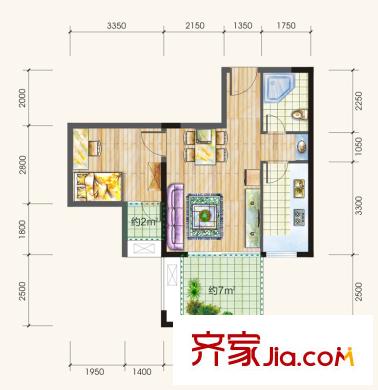 錦城華府一期1號樓標(biāo)準(zhǔn)層B2戶型 1室1廳1衛(wèi)1廚