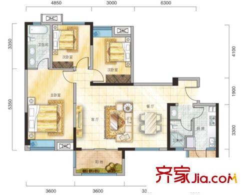 電建地產(chǎn)云立方二期1/2-3號樓偶數(shù)層B2戶型 3室2廳2衛(wèi)1廚