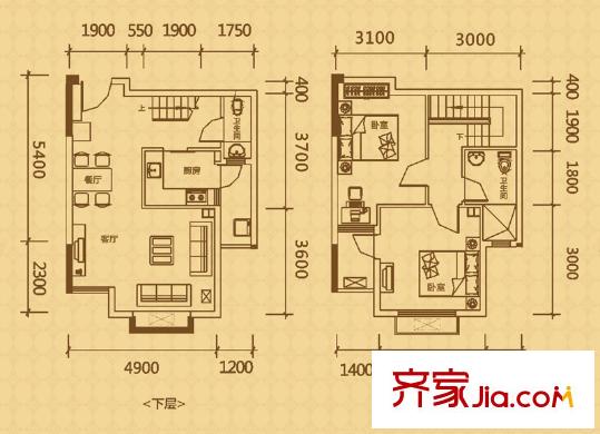 天際首府一期5號(hào)樓躍層E戶型（售罄） 2室2廳2衛(wèi)1廚