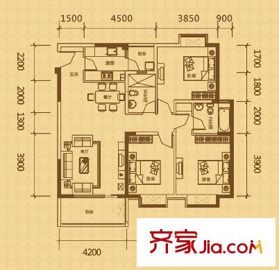 天際首府一期5號(hào)樓標(biāo)準(zhǔn)層D戶型（售罄） 3室2廳2衛(wèi)1廚