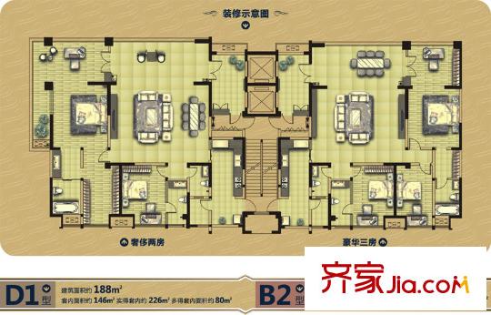 棕櫚長(zhǎng)灘二期1號(hào)樓4號(hào)樓標(biāo)準(zhǔn)層D1、B2戶(hù)型 2室2廳3衛(wèi)1廚