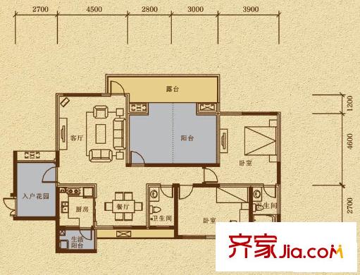 保利星座一期1號樓標準層A2 戶型（售罄） 2室2廳2衛(wèi)1廚