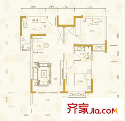 陽城心靈家園一期1號樓標(biāo)準(zhǔn)層F-2戶型（售罄） 2室2廳1衛(wèi)1廚