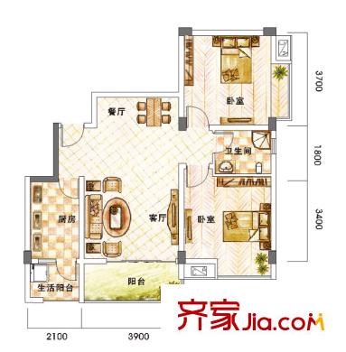 蝸居一期1棟標準層B2戶型 3室1廳1衛(wèi)1廚