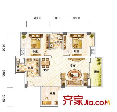 蝸居一期1棟標(biāo)準(zhǔn)層B1戶型 3室1廳1衛(wèi)1廚