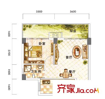 蝸居一期1棟標(biāo)準(zhǔn)層A1戶型 1室1廳1衛(wèi)1廚
