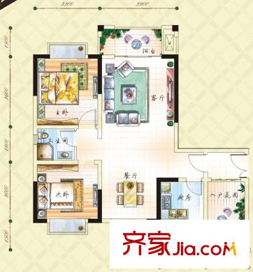 星星卡納灣畔一期1號樓標(biāo)準(zhǔn)層F1戶型 2室2廳1衛(wèi)1廚