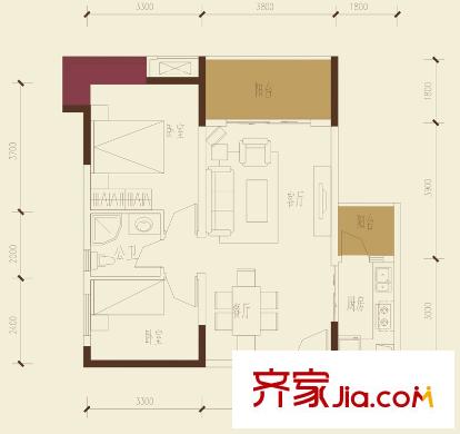 保利新天地1期17棟標準層D1戶型（售罄） 2室2廳1衛(wèi)1廚
