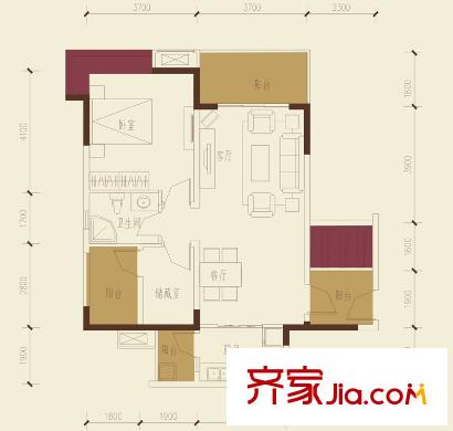 保利新天地1期2、13、14棟標準層A3戶型（售罄） 2室2廳1衛(wèi)1廚