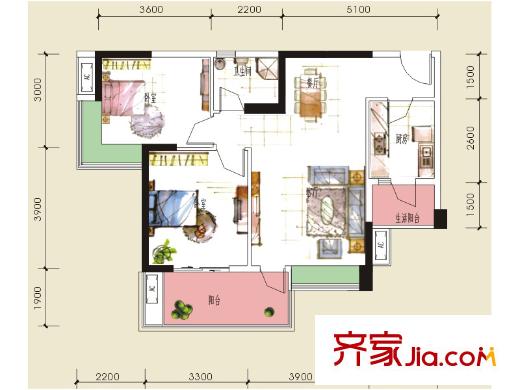 金海岸天府花園水城二期69、70棟C1標準層戶型 2室2廳1衛(wèi)1廚