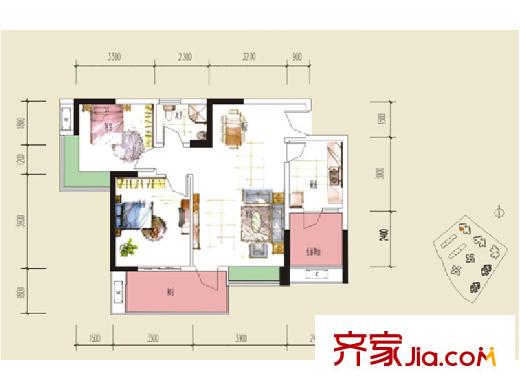 金海岸天府花園水城一期32棟A戶型 2室2廳1衛(wèi)1廚