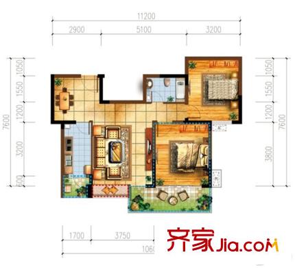 宗申賽納維賽納峰匯60號樓B2戶型標準層 2室2廳1衛(wèi)1廚