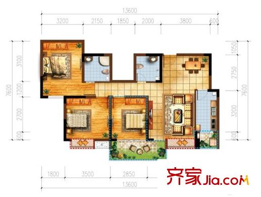 宗申賽納維賽納峰匯60號樓C型標準層 3室2廳2衛(wèi)1廚