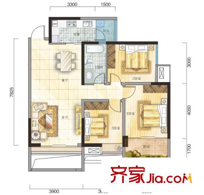 電建地產(chǎn)云立方二期16-1號樓偶數(shù)層B3戶型 3室2廳1衛(wèi)1廚