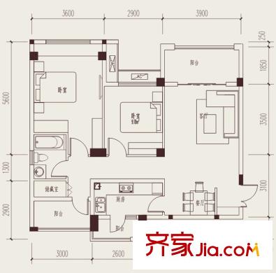 新界五期五期5棟標(biāo)準(zhǔn)層B1戶型 2室2廳1衛(wèi)1廚