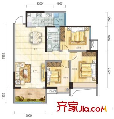 電建地產(chǎn)云立方二期16-1號樓奇數(shù)層A3戶型 3室2廳1衛(wèi)1廚