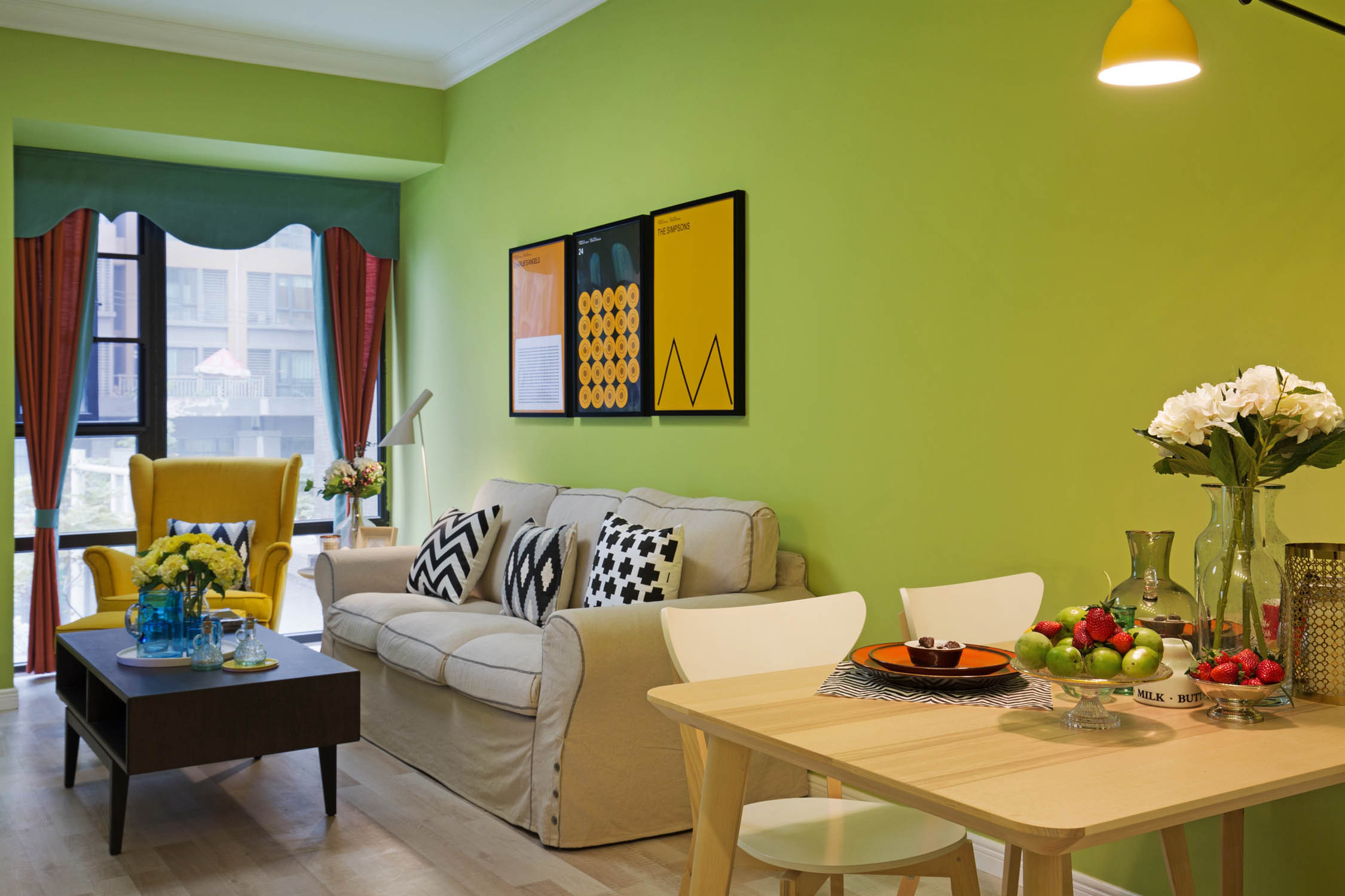 美式风格,60平米装修,三居室装修,10-15万装修,客厅,沙发背景墙,绿色
