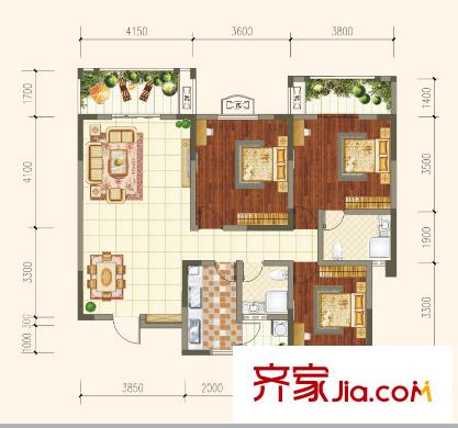 蓉城勝景一期5、6、8號樓標準層E4戶型 3室2廳2衛(wèi)1廚