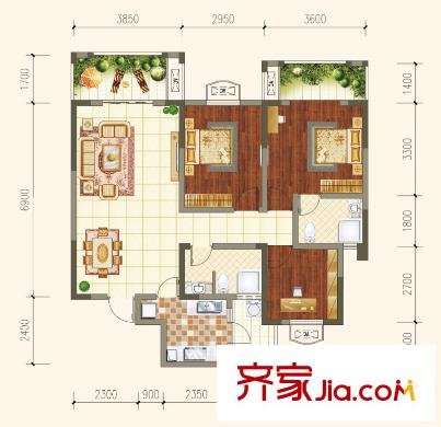 蓉城勝景一期5、6、8號樓標準層C4戶型 3室2廳2衛(wèi)1廚
