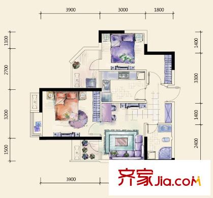 龍門鎮(zhèn)一期5、6號樓標(biāo)準(zhǔn)層B28戶型 2室2廳1衛(wèi)1廚
