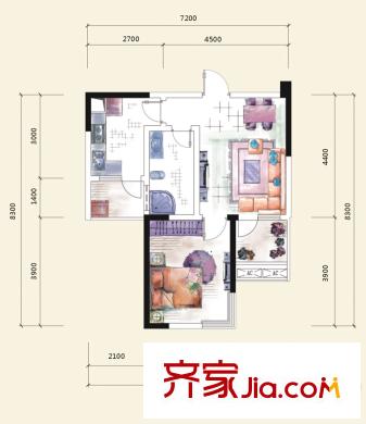 龍門鎮(zhèn)一期四號樓標(biāo)準(zhǔn)層A6戶型 1室2廳1衛(wèi)1廚