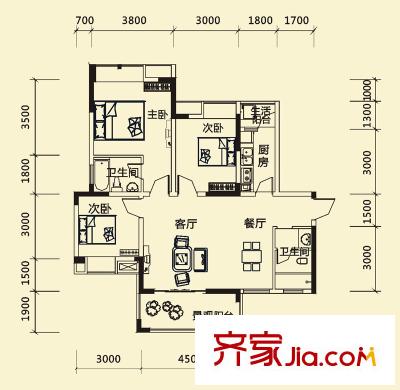 德坤海地亞一期10號樓標準層D2戶型 3室2廳2衛(wèi)1廚